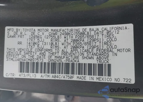 2012 Toyota Tacoma Base V6 from USA, damaged, VIN 3TMLU4EN4CM097573
